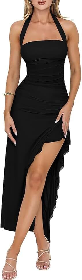XXTAXN Womens Sexy Halter Neck Sleeveless Ruffle Hem Mesh Midi Dress