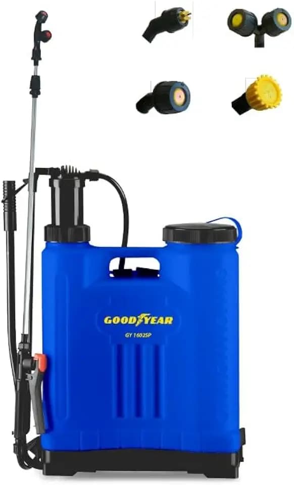 Goodyear - 16 l manueller Sprührucksack, Arbeitsdruck 1,4 – 2 Bar, Edelstahllanze, verstellbare Düsen (Kegel, Fächer, Doppelkegel, 4 Löcher), Gartensprüher für Düngemittel und Pestizide