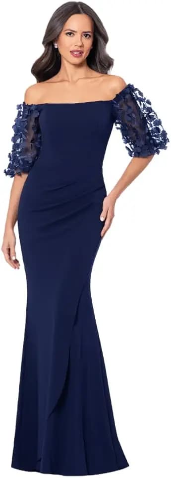 Xscape Women's Illusion Sleeve Off the Shoulder Long Dress (Reg, Petite, Plus Sizes)