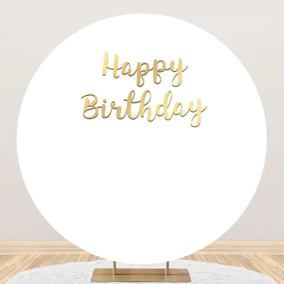 Laeacco Happy Birthday White Round Backdrop Cover 7.5x7.5ft Fabric Birthday Party Solid White Background Birthday Party Decor Supplies Dessert Table Banner Adults Portrait Photo Studio