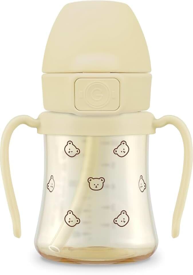 GROSMIMI PPSU Baby Straw Cup Stage 2, 12M+, Spill-Proof, 6oz (Bear)
