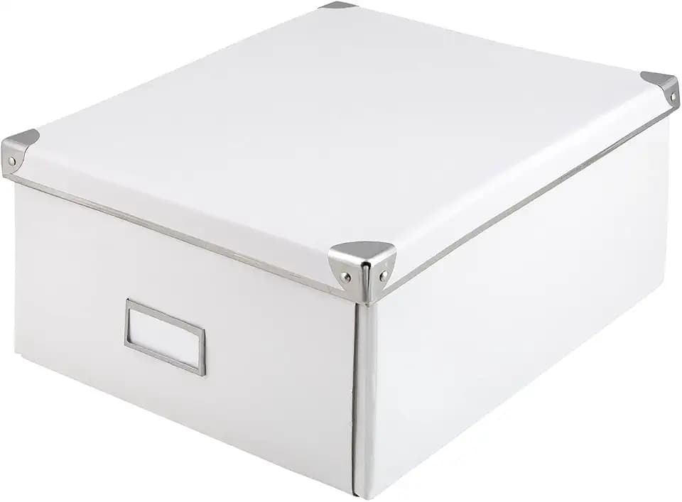Idena 10519 - Aufbewahrungsbox aus festem Karton, Deckel mit verstärkten Kanten aus Metall, Allzweck-Box in Weiß inklusive Beschriftungsfeld, für Ordnung im Haushalt, Büro und Arbeitszimme