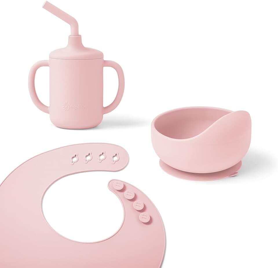 Ergobaby Kindergeschirr-Set Basic für Babys und Kleinkinder ab 6 Monaten, Baby Geschirrset mit Becher, Schale und Lätzchen, ohne BPA, PVC und Phthalaten, Blush Pink