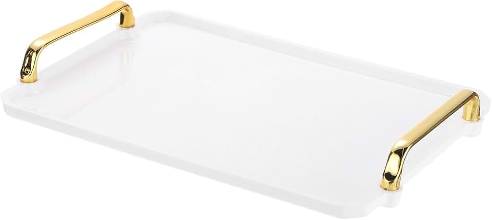 PATIKIL 12 x 8,6 Zoll Kunststoff-Serviertablett mit goldenen Griffen, wiederverwendbares Tablett rechteckige Partyplatten für Dessert Kaffee Teetisch, Weiß
