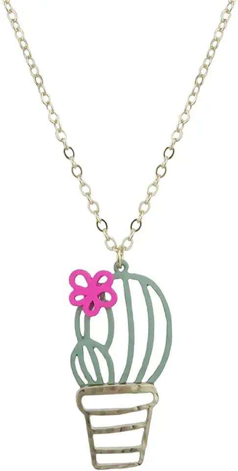 Bohemian Boho Pendant Necklace for Women – Rubber Coated Flower Flamingo Palm Tree Cactus Plant Summer Jewelry - Delicate – Lightweight – Beautiful Vibrant Colors – Gold Plated – with Gift Box Included