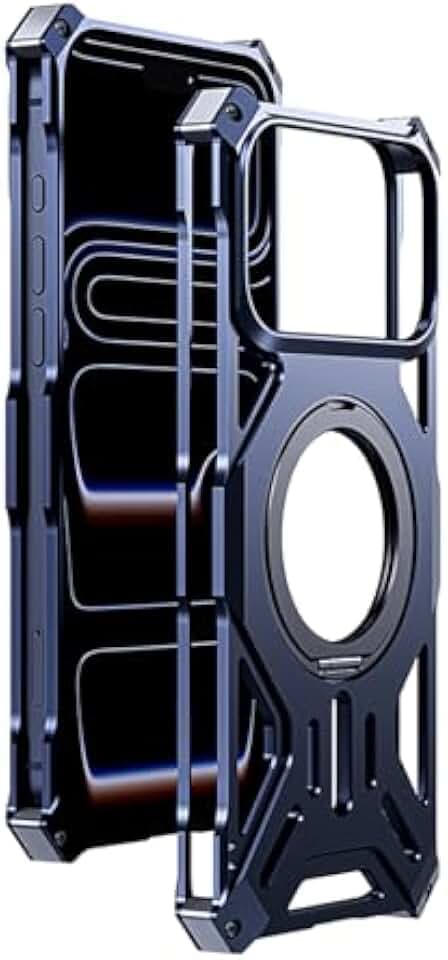 Magnetic Holder Metal Phone Case for iPhone 13 14 15 16 17 Pro Max Plus Hollow Luxury Aluminum Alloy Phone Protective Case Blue