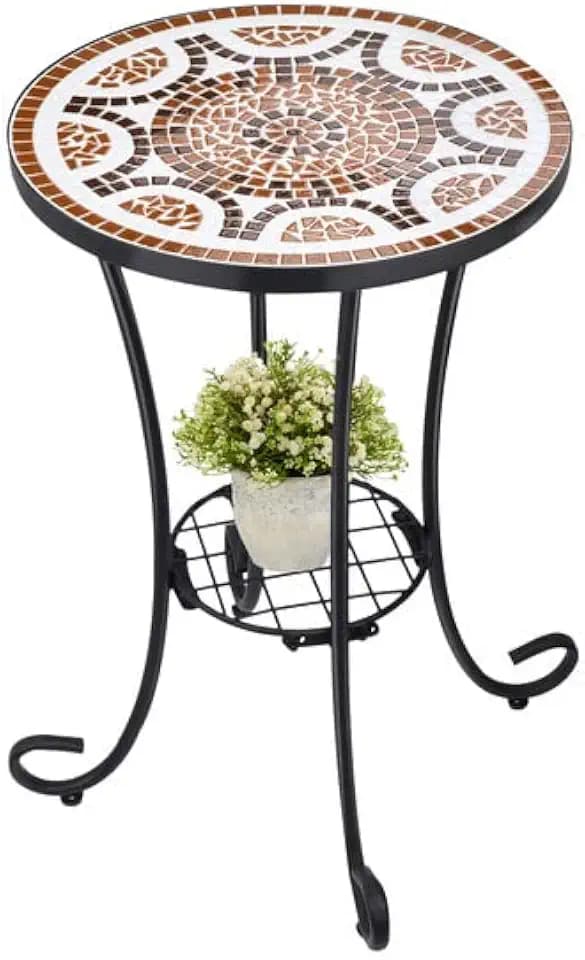 VCUTEKA Mosaic Outdoor Side Table,14" Patio Accent Table Round Coffee Table