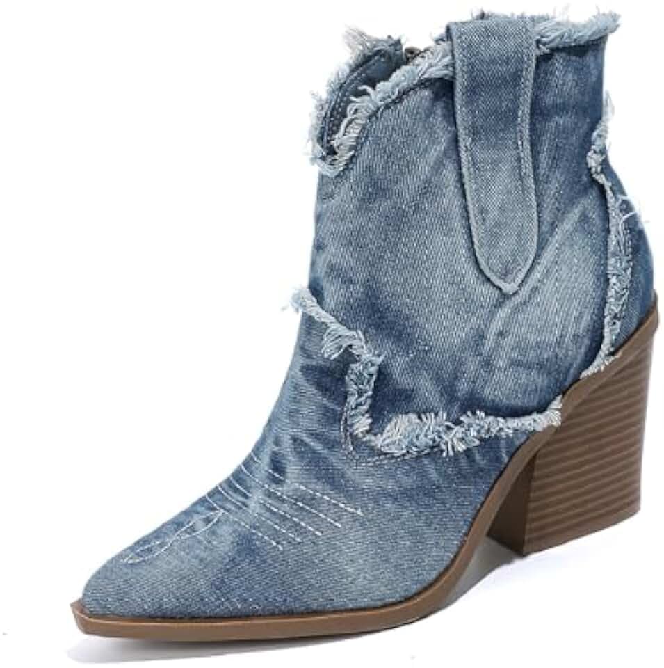 Women's Embroidery Denim Western Cowboy Ankle Boots With Side Zipper Fashion Pointed Toe Stack Heel Cowgirl Mid Calf Boots Comfort Walking Dress Booties