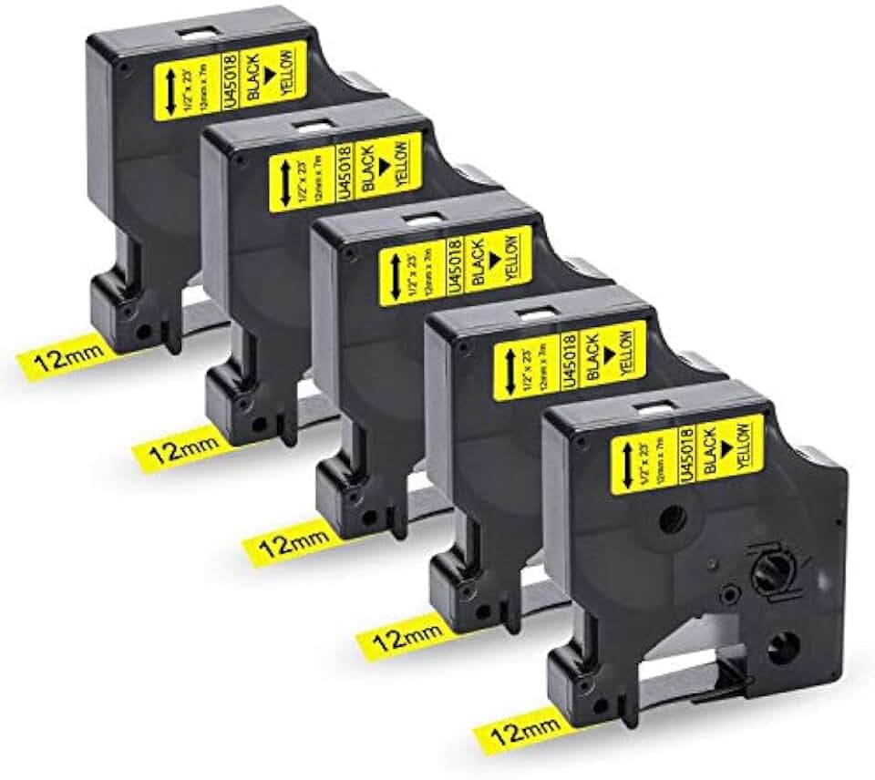 5x UniPlus Kompatibel für Dymo D1 45018 S0720580 als Ersatz für D1 12mm Etikettenband Schwarz auf Gelb für Dymo LabelManager 160 220P 280 360D 420P 500TS Labelpoint 250 150 LabelWriter 450 DUO