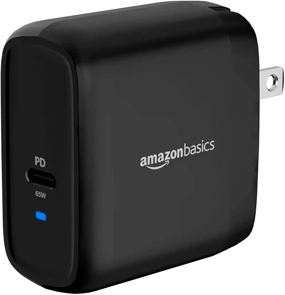 Amazon Basics 65W One-Port GaN USB-C Wall Charger with Power Delivery PD 3.0, Foldable Plug, Portable, Fast Charging for Laptops, Tablets & Phones, Non-PPS, Black