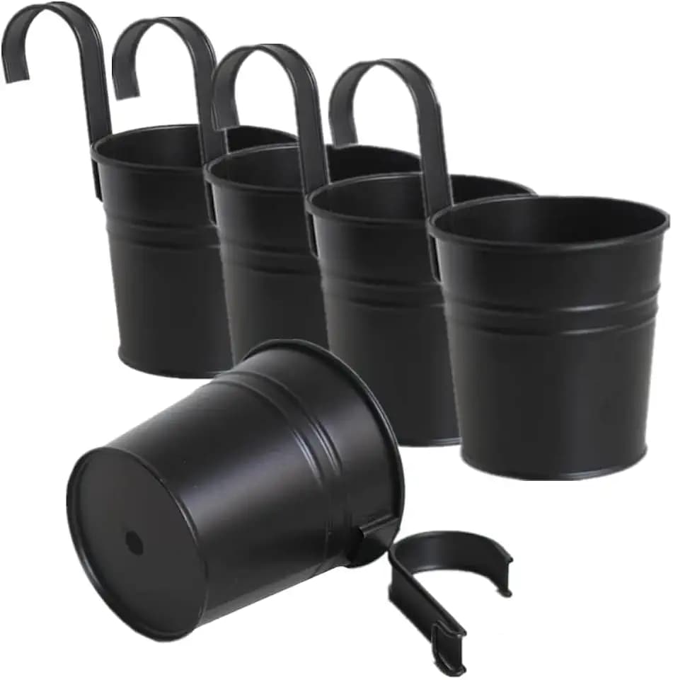 Leoyoubei Hanging Flower Pots for Outdoor Indoor Plants with Removable Hooks -5 Pack Metal Buckets Hanging Plant Pots Wall Fence Home Decor-Storage Box,Drainage Holes -5''Diameter (Black)