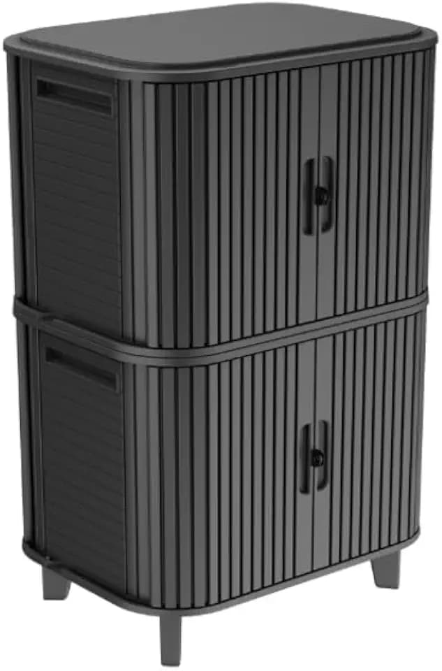 Keter Velo 30 Gallon Outdoor Storage Cabinet (2 Pack), Weather‑Resistant Resin Deck Boxes with Steel Reinforcement, Lockable, Wood‑Look Graphite