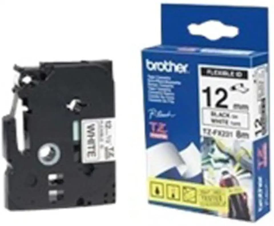Brother Genuine P-Touch TZe, Black Print on White, Flexible ID Laminated Label Tapes (TZeFX231), ~1/2in x 26.2ft (12mm x 8m) for Select P-Touch Label Makers, Durable, for Cable Wrap, Water-Resistant