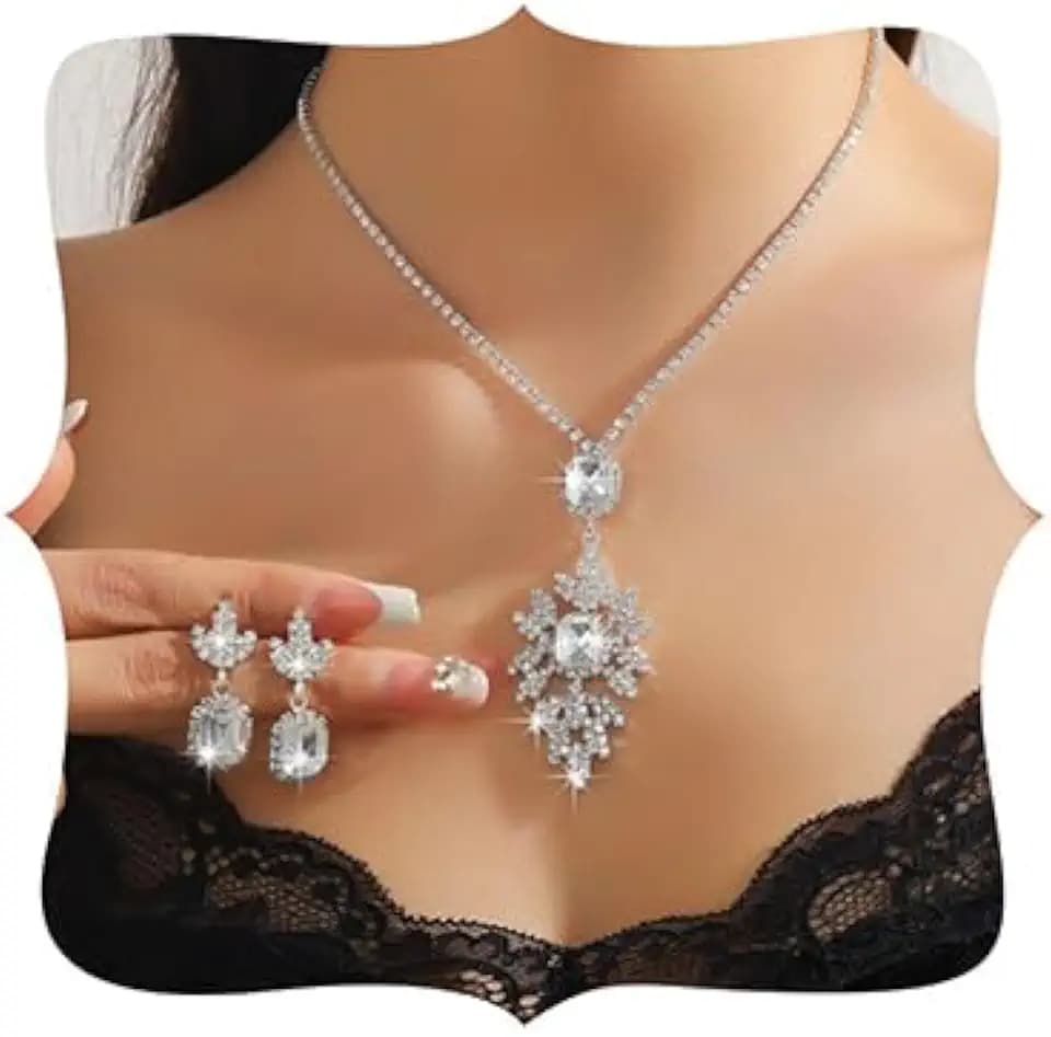 Missgrace Women Silver Black Green Red Rhinestone Crystal Snowflake Bridal Jewelry Sets Teardrop Necklace Dangle Earrings Set for Wedding Brides Bridesmaid