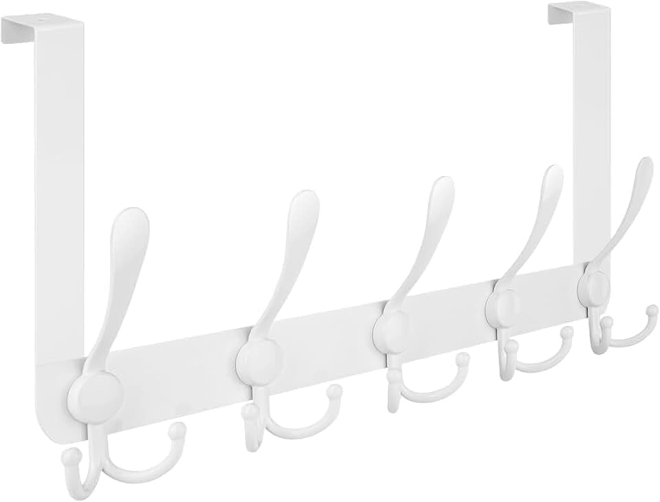TICONN Over The Door Hooks, 5 Heavy Duty Tri Coat Rack All Metal Coat Hanger for Bathroom Bedroom Dorm (White, 1PK, Fit 1-3/8" Doors)