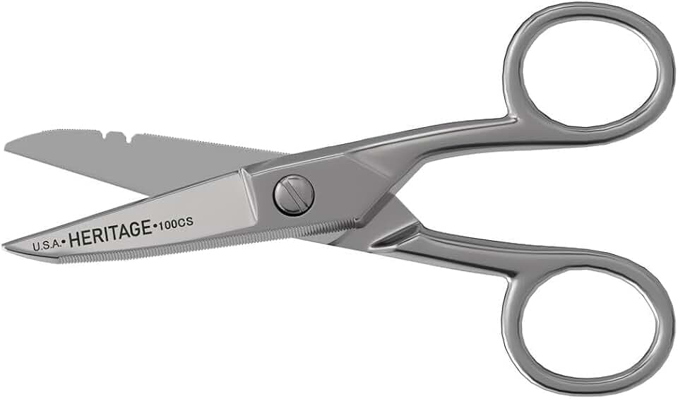 Klein Tools 100CS All-Purpose Precision Scissors, Made in USA, 5.25-Inch Nickel-Plated Snips, Blunt Tip, and Wire Stripping Notches, Multi-Purpose for Professional and Home Usage