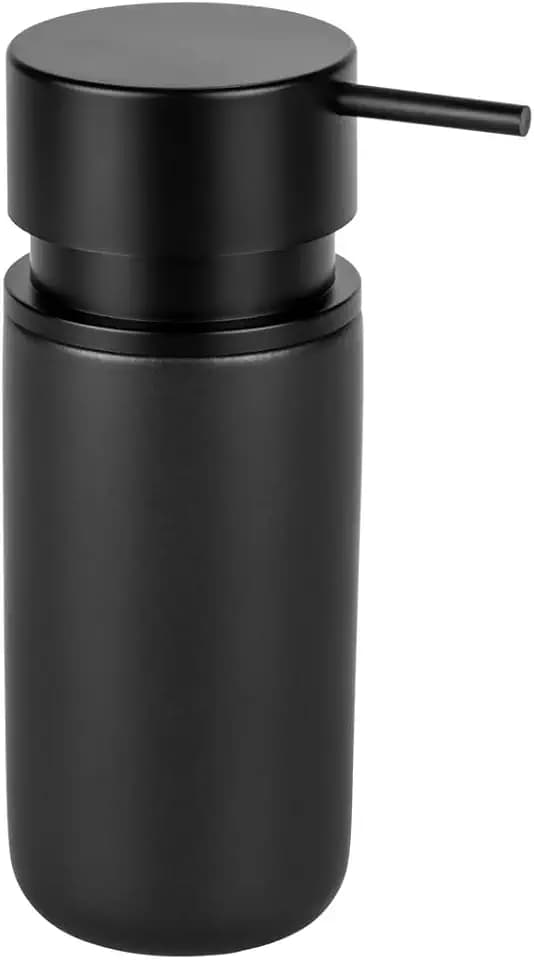 WENKO Seifenspender Mod. Silo Schwarz, nachfüllbarer Keramik-Seifenspender für bis zu 250 ml Flüssigseife mit extra großem Pumpkopf aus ABS-Kunststoff, ∅ 6,2 x 16,5 cm