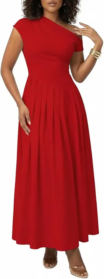 Women's Cocktail Party Dress One Shoulder Asymmetrical Ruched High Waist Pleated Flowy Maxi Formal Gown Red M