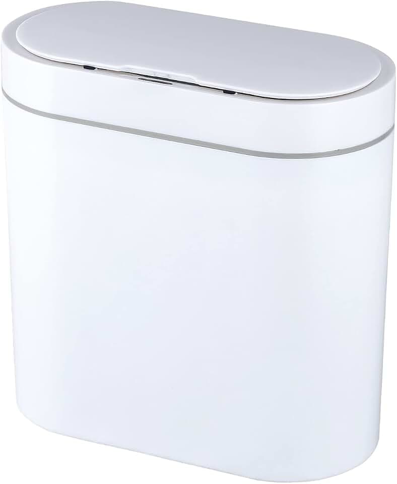 ELPHECO Badezimmer Mülleimer, Wasserdicht Bewegungsmelder Kleiner Badezimmer Mülleimer mit Deckel, 9.5 Liter Slim Plastic Schmale Schlafzimmer Mülleimer, Weiß