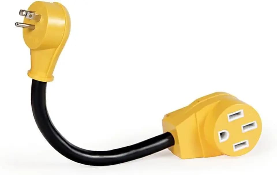 Camco RV Dogbone Electrical Adapter with Innovative 180 Degree Bend Design and PowerGrip Handle - 15 Amp Male to 50 Amp Female, 12" (55168)
