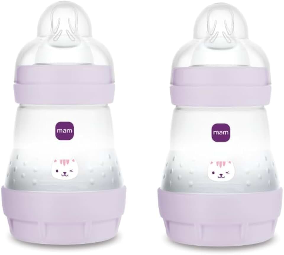 MAM Easy Start Babyflasche, 160 ml (2er-Set), Set mit 2 Anti-Kolik-Flaschen für gemischtes Stillen, reduziert Luftblasen und Koliken, Babyzubehör mit Sauger Größe 1, Lila