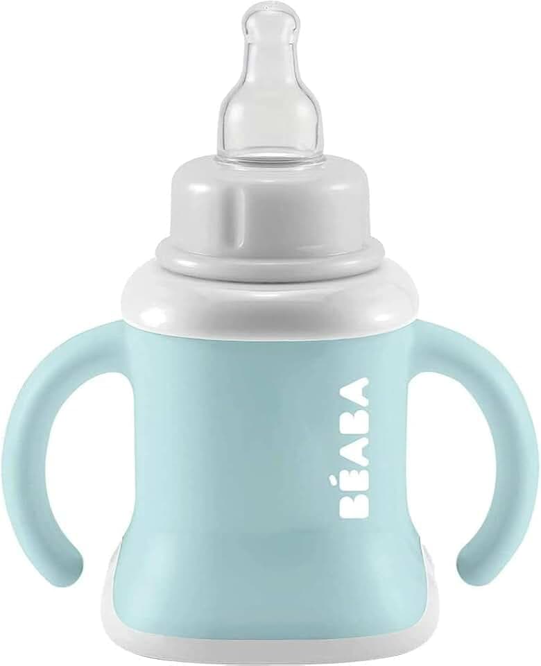 BÉABA Trinklernbecher für Babys, mit Trinkflasche/Tasse, auslaufsicher, erleichtert die Handhabung, ergonomisch, Strohhalm, 3-in-1-Erweiterungsclip, Kappe, Airy Green