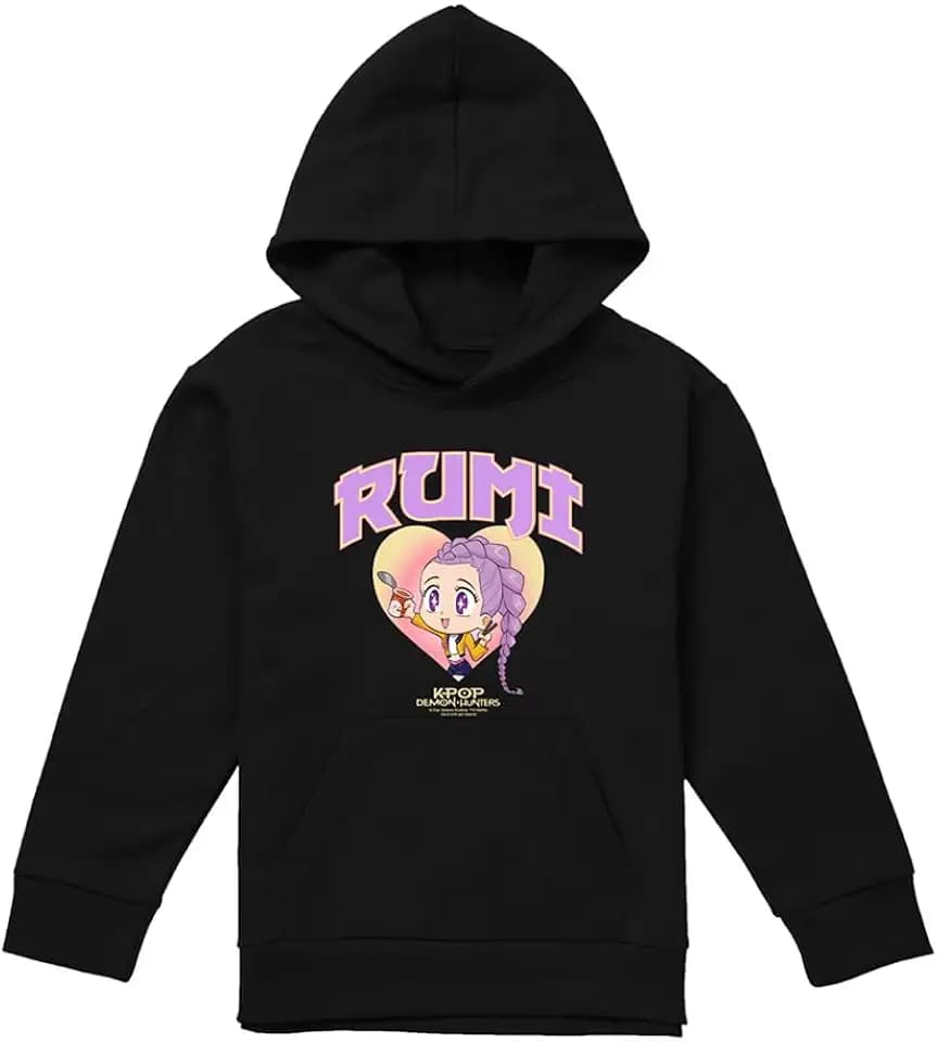 Kpop Demon Hunters Huntrix Rumi Collegic Youth Kids Boy/Girls Pull-Over Hoodie T Shirt, Black, 7-8