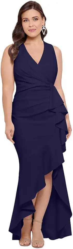 Betsy & Adam Women's Women's High-Low, Sleeveless, V-Neck, with Draped Ruffle Detail and Fitted Silhouette