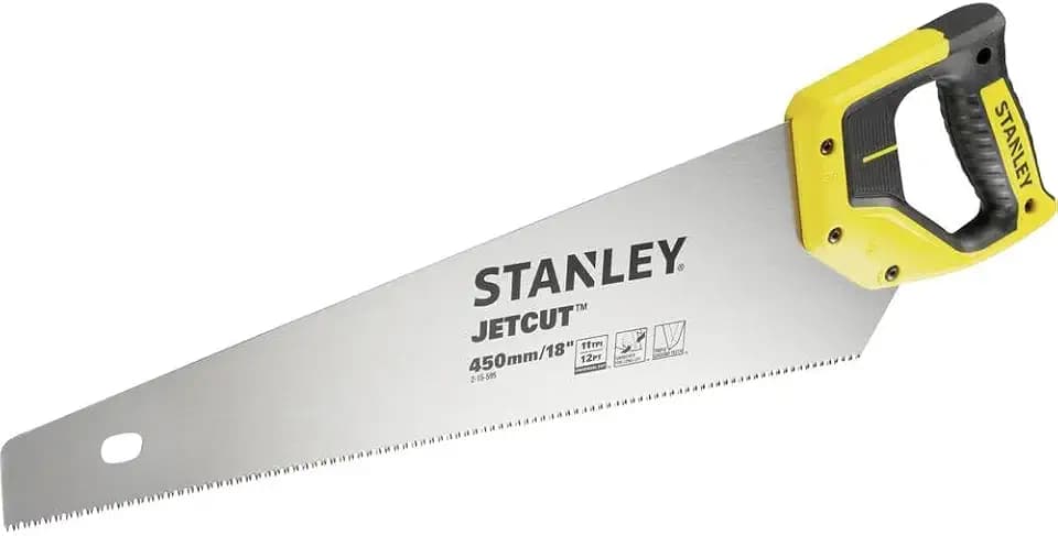 Stanley JetCut feine Handsäge 2-15-595 in 450 mm Länge – Säge für Holz, Kunststoff, Laminat – Mit Griff aus Bi-Material, verbesserter Verzahnung & 45/90° Anschlag für präzises Sägen