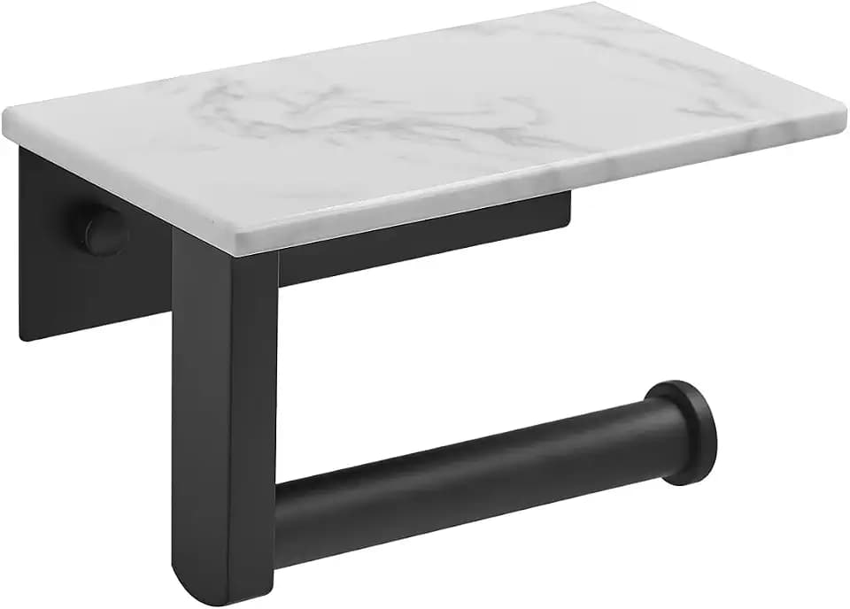 304 Wall Mounted Toilet Paper Holder, Toilet Paper Phone Holder Mobile Phone Storage Shelf for Modern Bathroom with Shelf-with Marble Panel (Black)