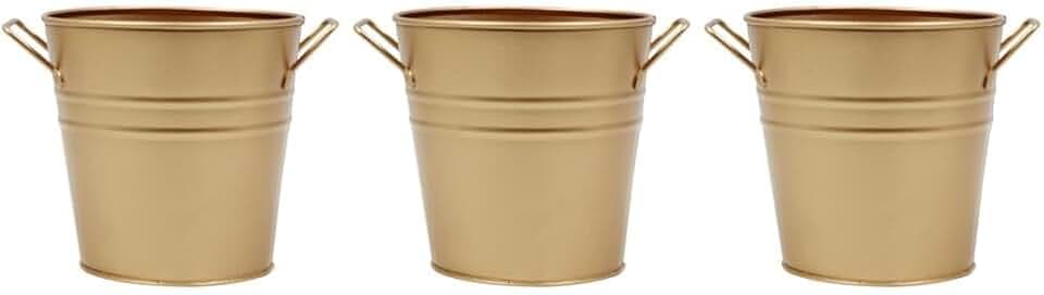 Hosley Set of 3 Gold Metal Bucket/Pots with PVC Liner, Ideal Gift for Floral Arrangements Wedding Home Office Party DIY Indoor Outdoor Garden Patio 5" Dia x 5" H