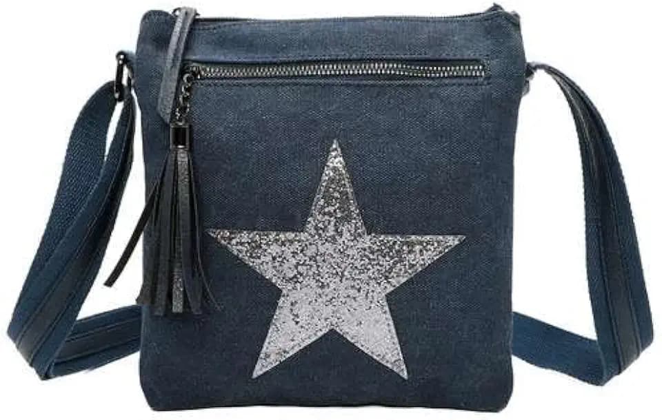 Damen-Handtasche mit zwei Fächern, glänzend, glitzernd, Sterne, Segeltuch, kleine Schultertasche, Umhängetasche