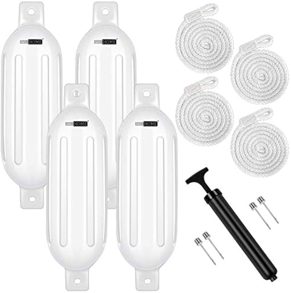 VIVOHOME Vinyl Ribbed Boat Fenders 4 Pack, Boat Bumpers with Ropes, Needles, and Pump to Inflate Fit for Yachts, Sailing Dinghies, Bass Boats, Black