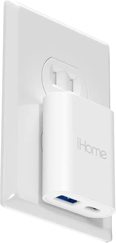 iHome 2-Port 20W Dual Port USB-C and USB-A Wall Charger, Travel Adapter