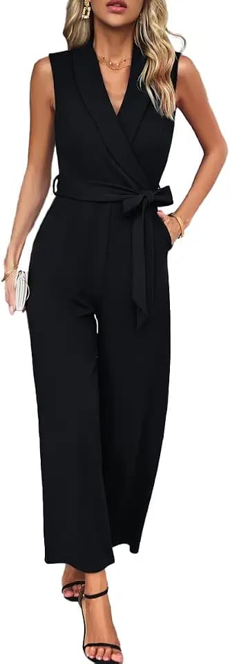 Summer Jumpsuits for Women Dressy Sleeveless Long Straight Pants with Belt