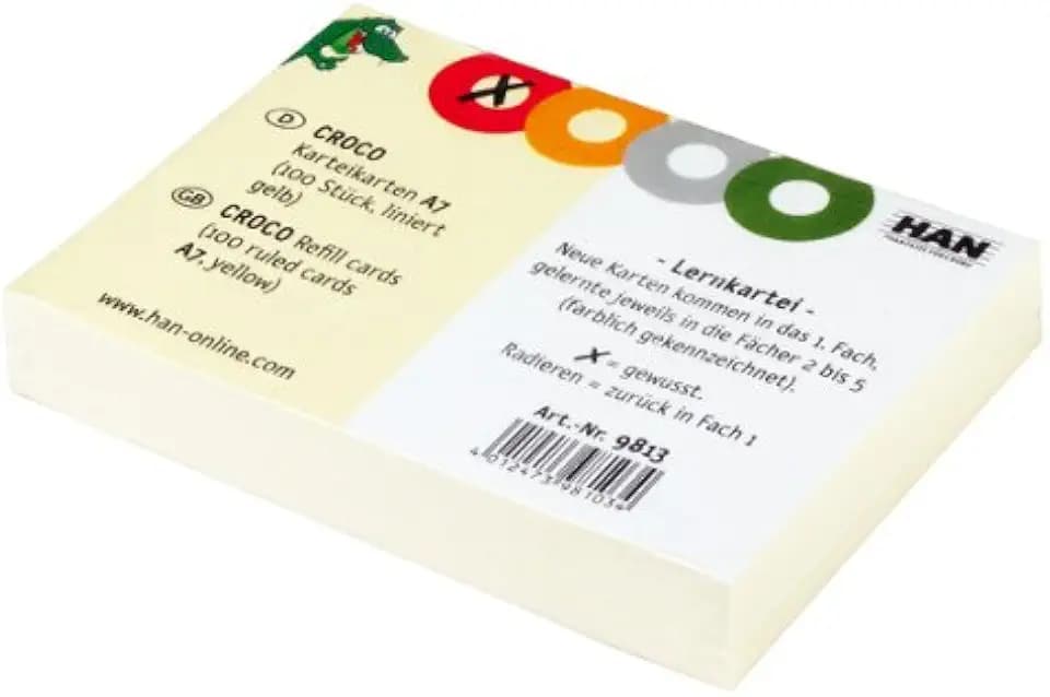 HAN Karteikarten CROCO – 10 PACKS à 100 STÜCK, Karteikarten A7 quer, farbig bedruckter, stabiler, gelber Karton mit vier bunten Kreisen zum Ankreuzen, Farbe gelb, 9813
