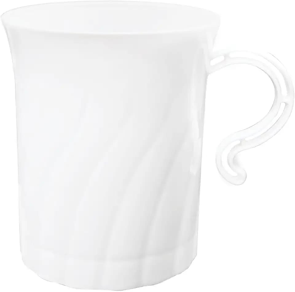 Party Essentials Disposable Plastic 8 oz. Swirled Cups With Handle for Coffee/Tea/Dessert/Fruit/Punch Drinks, White, 20 Count