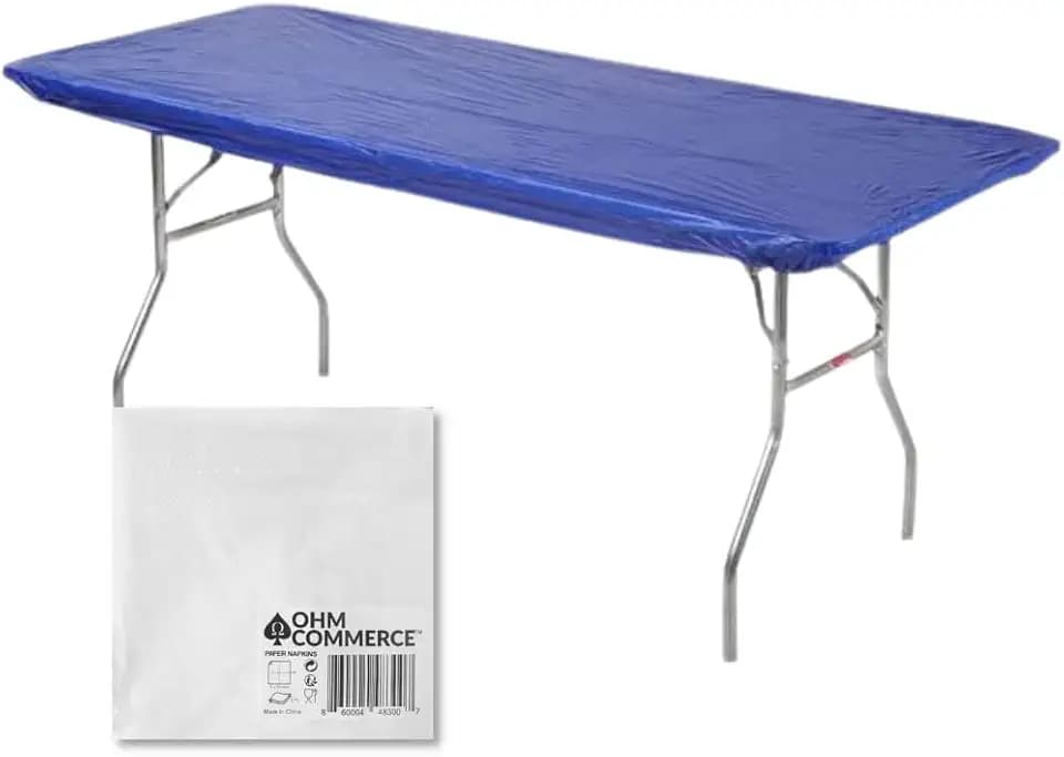Kwik-Covers Rectangular Plastic Table Covers 8' Bundle of 5 with Seventy (70) Ohm Commerce Paper Napkins - Indoor or Outdoor Fitted Table Covers (Table NOT Included) (30" x 96" Royal Blue)