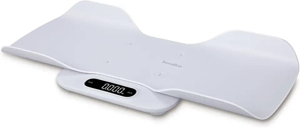 TERRAILLON - Baby Fit – Elektronische Babywaage 2-in-1, abnehmbare Babywanne, Gewichtsvergleichsfunktion, Kinderverriegelung, Skala 5-10-15 g, Kapazität 180 kg, Hülle inklusive, Weiß