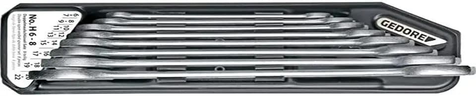 GEDORE Doppelmaulschlüssel Satz, Set 8-teilig im Halter, SW 6-22 mm, metrisch, flach, Schraubenschlüssel Set, matt verchromt, H 6-8