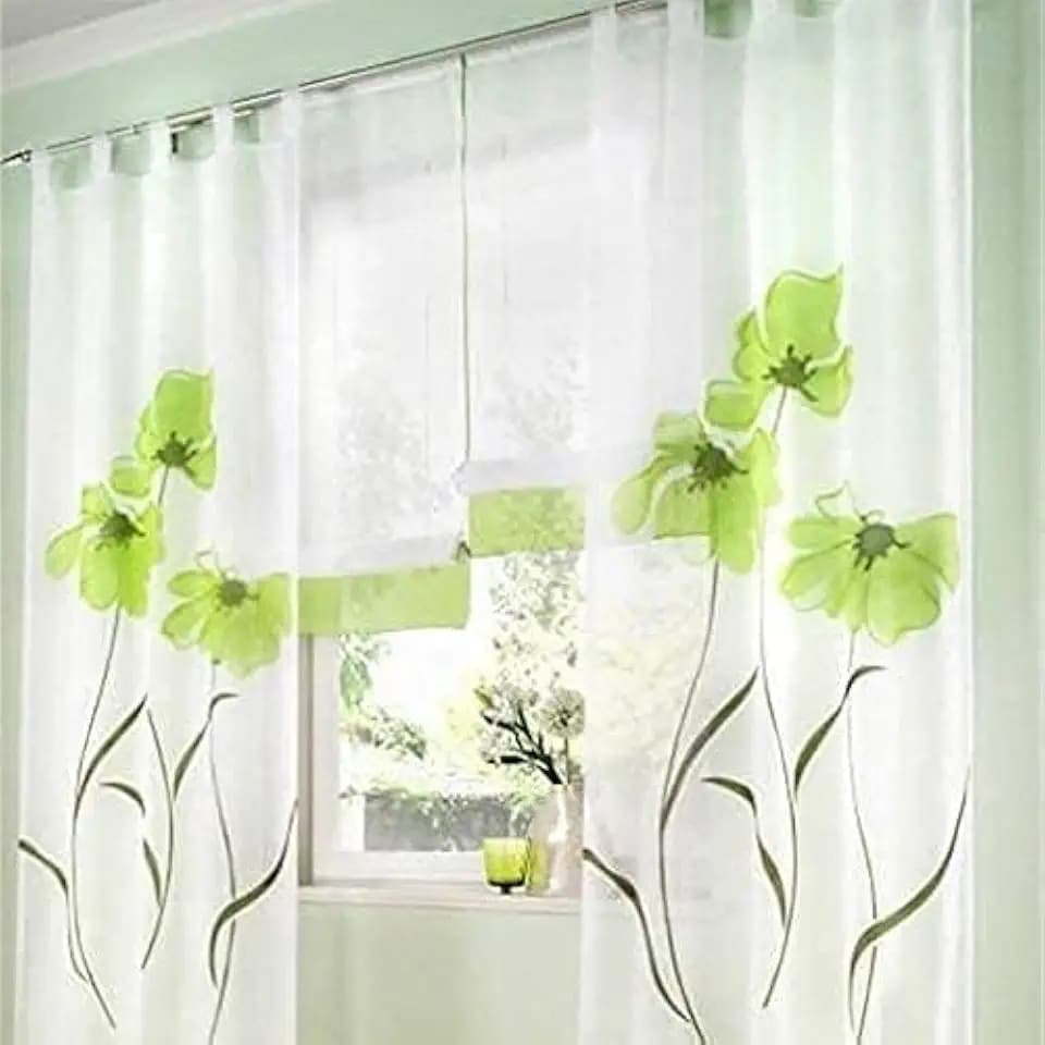 SIMPVALE 2 stücks Gardinenschal Gardine Print Blumen Vorhang für Wohnzimmer Schlafzimmer Schlaufenschal Breit 150cm (Höhe 145cm, Grün)