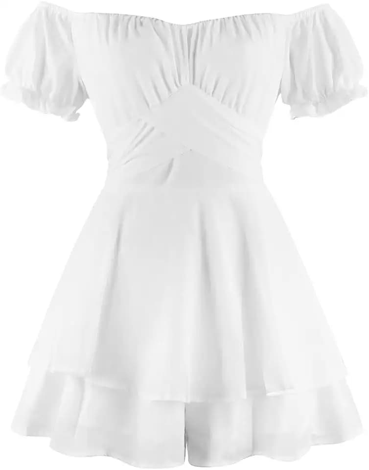 IBTOM Castle Women Boho Romper Off Shoulder Ruffle Chiffon Shorts Mini Dress Floral Print One Piece Casual Strapless Jumpsuit Double Layer Ruffle Hem Playsuits Beach Summer Dresses Overall Outfit