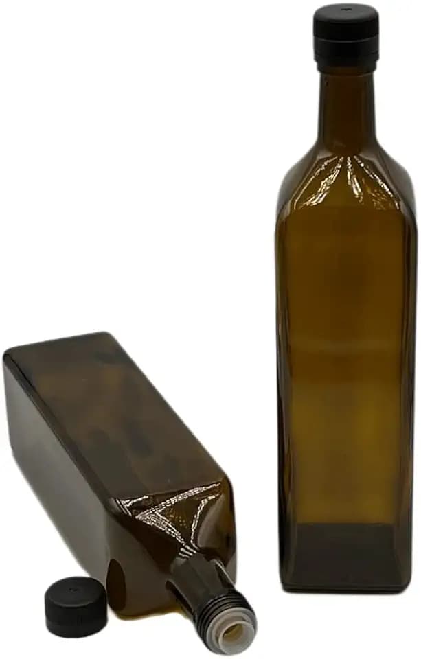 2 Ölflaschen 1000 ml aus Glas mit integriertem Ausgießer aus Kunststoff und Etiketten