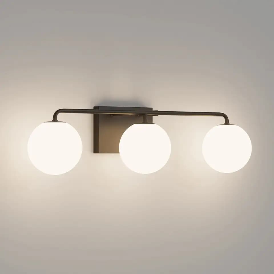 Tipace Mid Century Modern Bathroom Vanity Lights Fixtures 3-Light Black Milk White Globe Glass Industrial Vanity Lighting Over Mirror (Exclude Bulb)