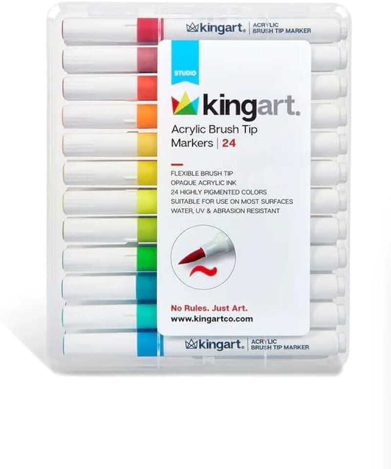 KINGART 24 Colors Acrylic Paint Markers, Brush Tip Pens for Stone, Wood, Calligraphy, Canvas, Ceramic, Metal, Glass, Rock Painting, DIY Crafts Art Supplies Kit