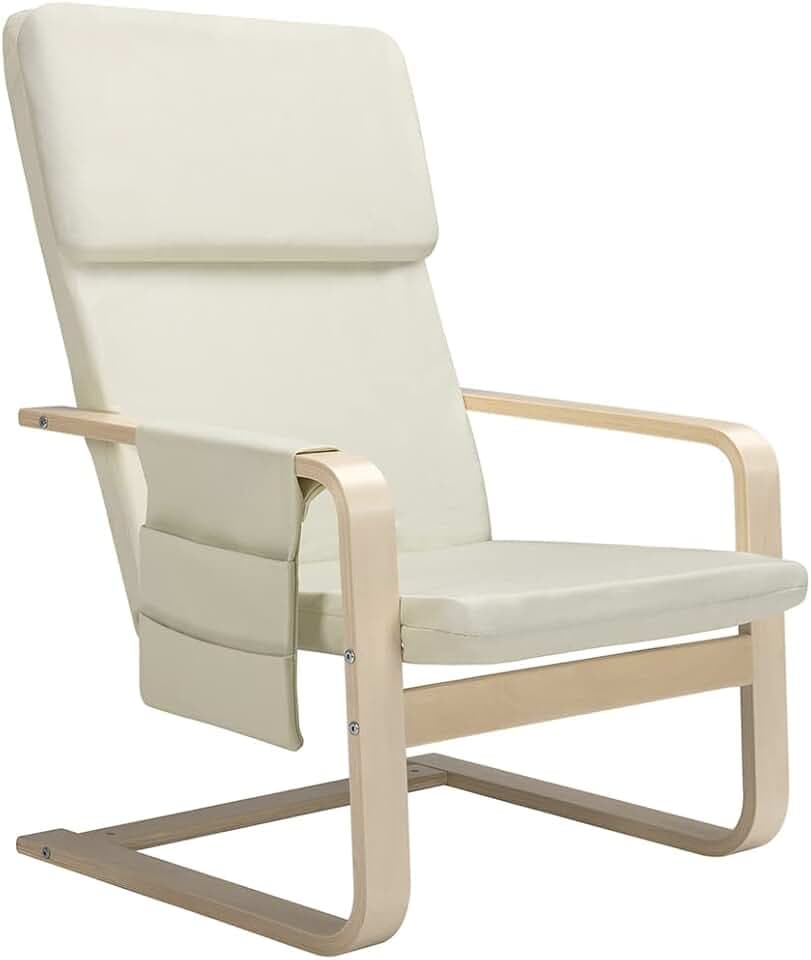 BAKAJI Ergonomischer Relaxsessel mit beigem Baumwollbezug mit Tasche, 2 Fächer, Holz, Standard