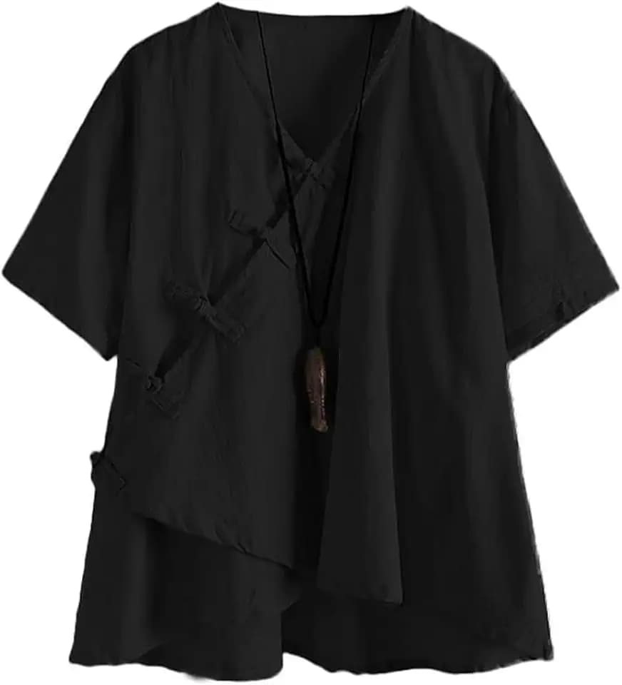 Minibee Women's Linen Retro Chinese Frog Button Tops Blouse