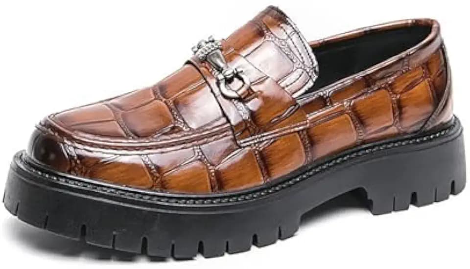 Men's Leather Printed Platform Slip-On Penny Loafers Fashion Round Toe Metal Decoration Non-Slip Lug Sole Business Dress Shoes for Driving Office Party