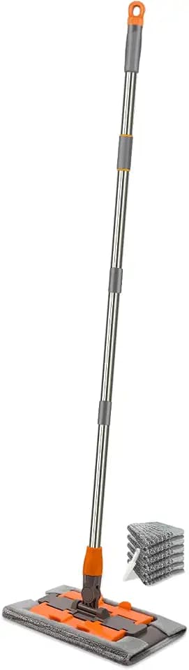 Lightweight Microfiber Flat Mop for Hardwood Floors, 2 Washable Pads, 14" Clamp-On Dusting Tool for Wood, Laminate, Tile & Vinyl