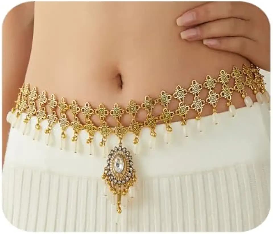 Bohemian Ethnic Waist Chain Vintage Indian Golden Belly Chain Crystal Beads Dangle Belly Chain Crystal Rhinestone Body Chain Wedding Party Prom Waist Chain for Women